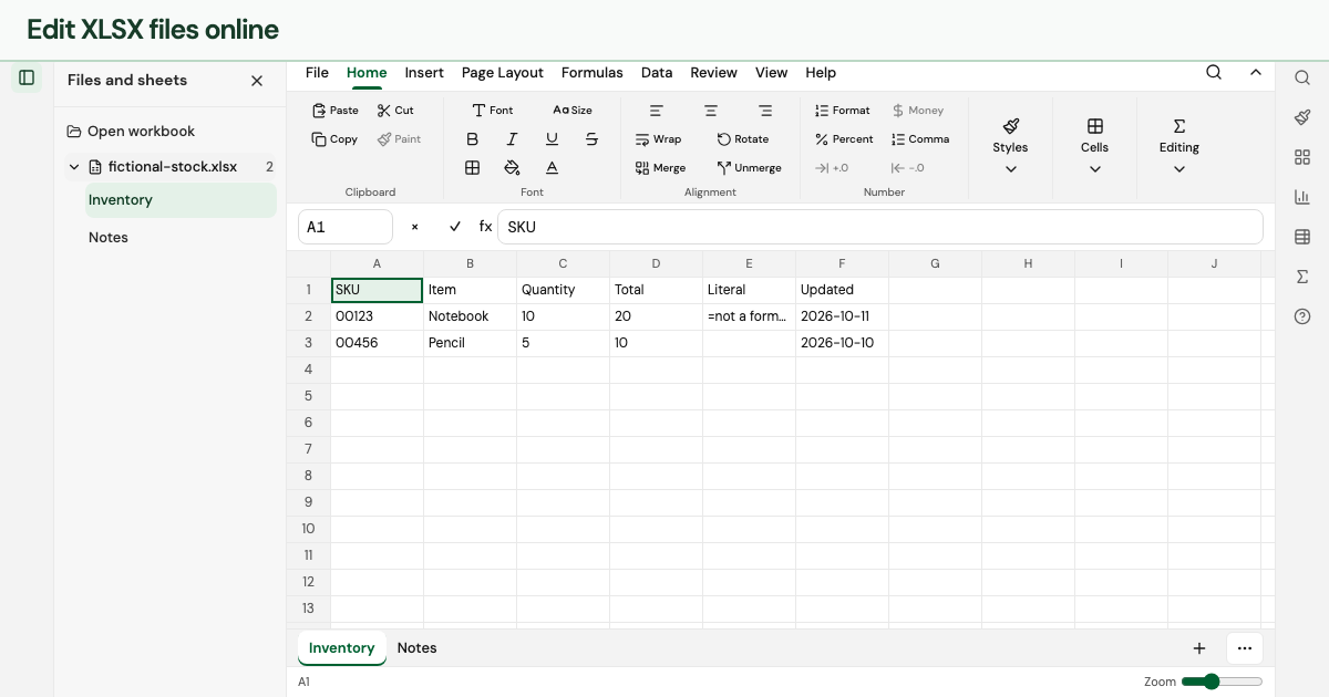 The shared XLSX editor showing a fictional workbook, formula bar and sheet tabs.
